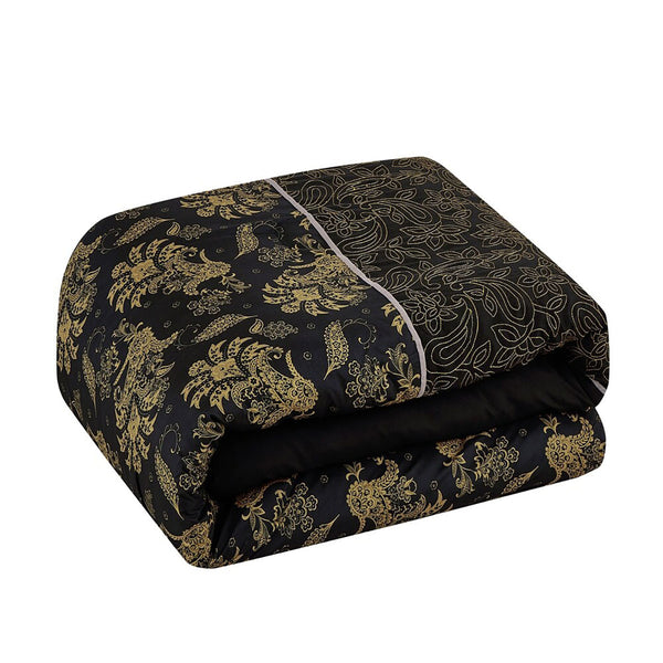 7 Piece Black & Gold Floral Comforter Set Embroidery Soft Bedding