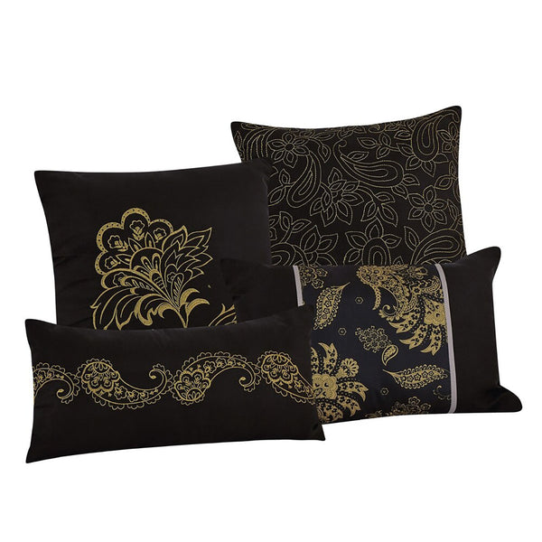 7 Piece Black & Gold Floral Comforter Set Embroidery Soft Bedding