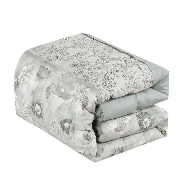 7 Piece Green Floral Comforter Set Embroidery Soft Bedding