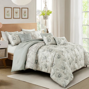 7 Piece Green Floral Comforter Set Embroidery Soft Bedding