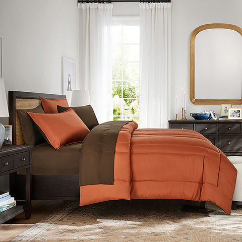 7 Piece Brown & Orange Solid Comforter Set Soft Bedding
