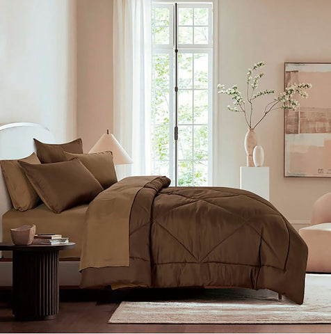 7 Piece Brown Solid Comforter Set Soft Bedding