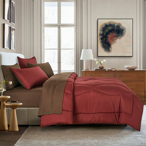 7 Piece Burgundy & Brown Solid Comforter Set Soft Bedding