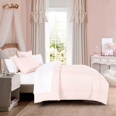 7 Piece Pink & White Solid Comforter Set Soft Bedding