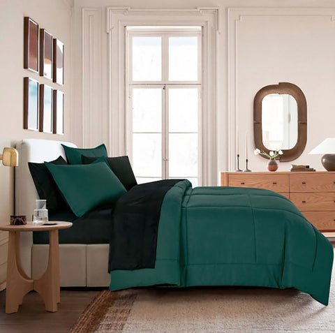 7 Piece Hunter Green & Black Solid Comforter Set Soft Bedding