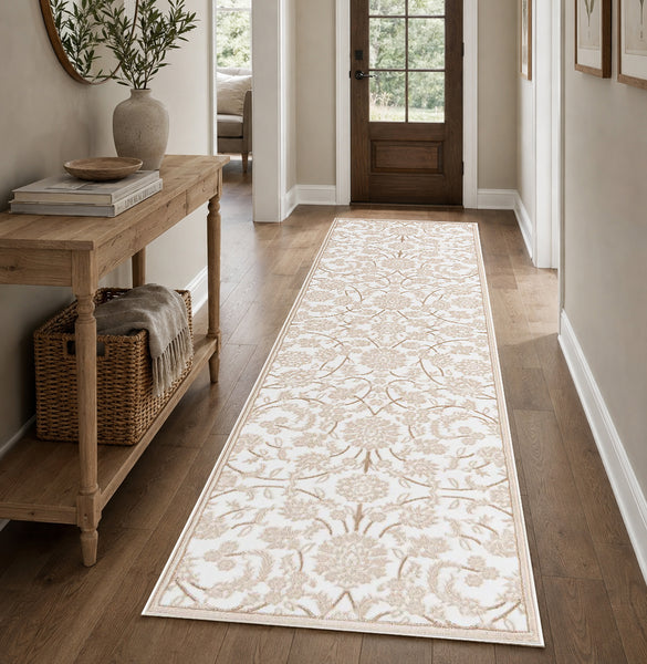 Cream & Beige Floral Traditional Botanical Runner Rug for Hallway & Entryway - 3' x 9'10"