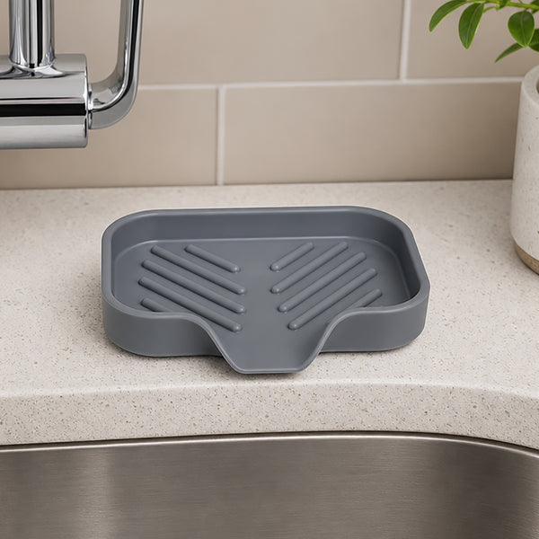Set of 2 - Silicon Grey Sponge Holder Sink Bathroom Organizer Mat With Drain Spout