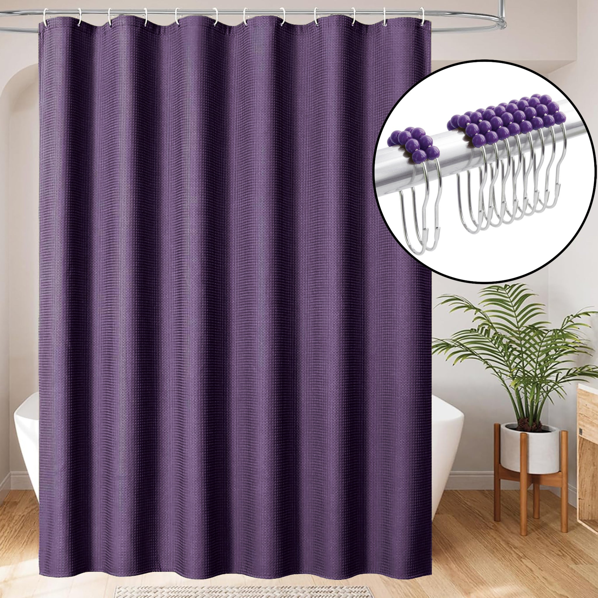 72" x 72" - Purple Fabric Textured Glam luxury Shower Curtain With 12 Metal Roller Ball Hooks
