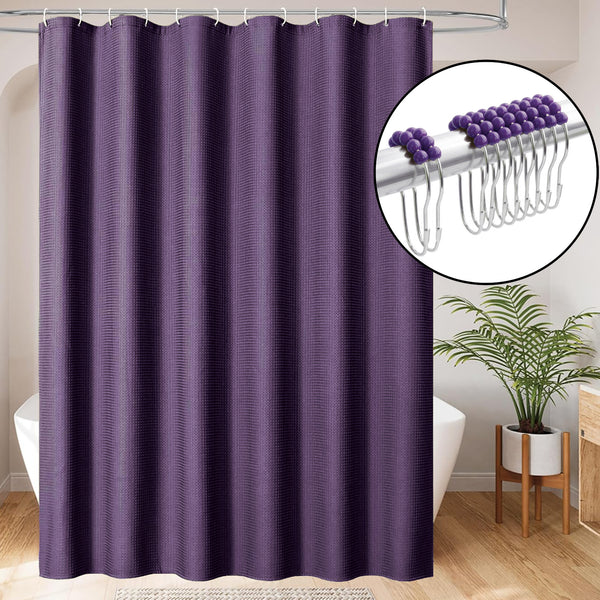 72" x 72" - Purple Fabric Textured Glam luxury Shower Curtain With 12 Metal Roller Ball Hooks