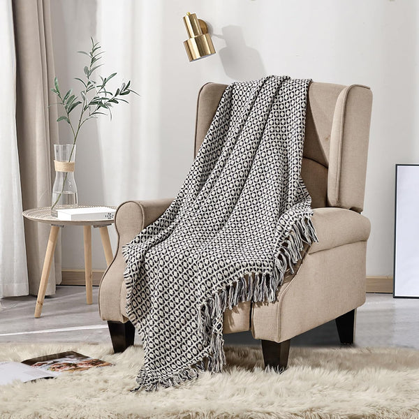 Coffee and Beige Geometric Soft Woven Knitted Cozy Lightweight Throw Blanket with Fringe Tassels - 50"x60"