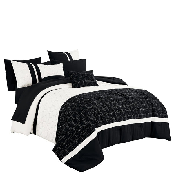 Black White Geometric Modern 9 Piece Bed-in-a-bag Comforter Set