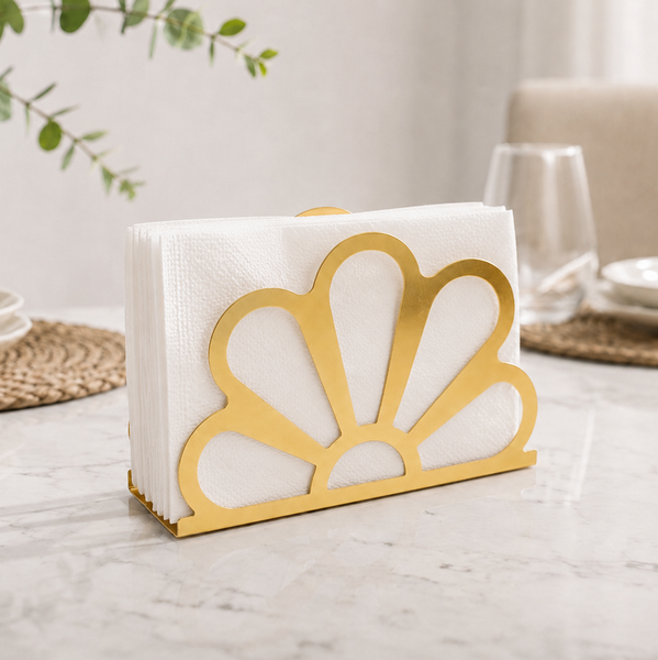 Product Title Gold Iron Napkin Holder – Decorative Floral Design Tabletop Napkin Organizer for Kitchen, Dining Table & Countertop