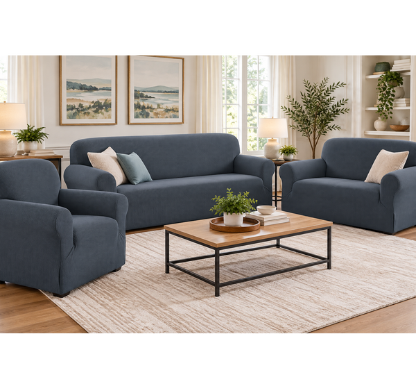 Charcoal Grey 3-Piece Set 4-Way Stretch Slipcover Sofa Loveseat & Armchair Cover Protector