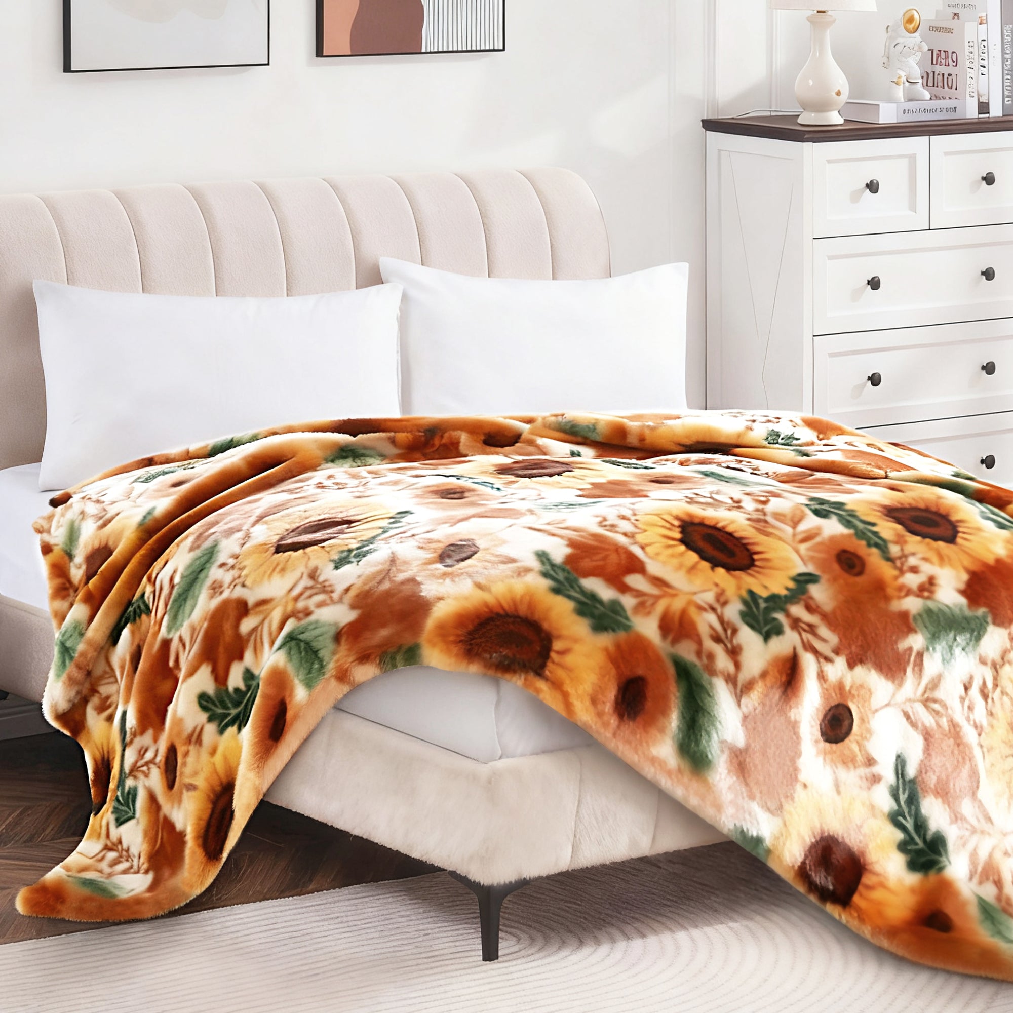 Beige Sunflower Floral Extra Soft Cozy Microfiber Solid Bed Blanket