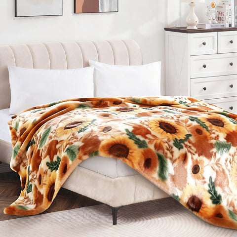 Beige Sunflower Floral Extra Soft Cozy Microfiber Solid Bed Blanket