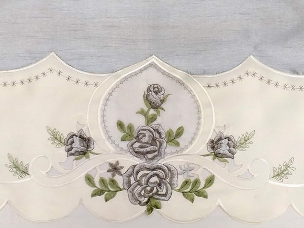 Grey Ivory Floral Embroidery Kitchen Curtain 3PC Set Swag & Tiers Set