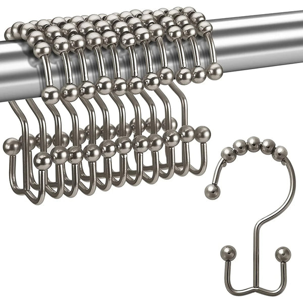 12 Piece Set - Brushed Nickel Heavy Duty Double Ear Shower Curtain Hooks Rings Rustproof Metal