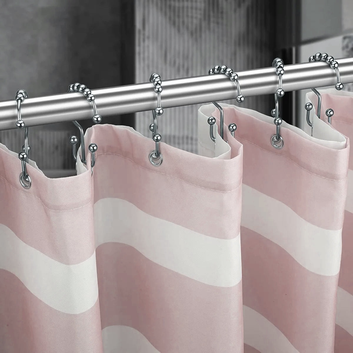 12 Piece Set - Brushed Nickel Heavy Duty Double Ear Shower Curtain Hooks Rings Rustproof Metal
