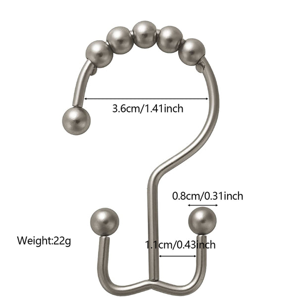 12 Piece Set - Brushed Nickel Heavy Duty Double Ear Shower Curtain Hooks Rings Rustproof Metal