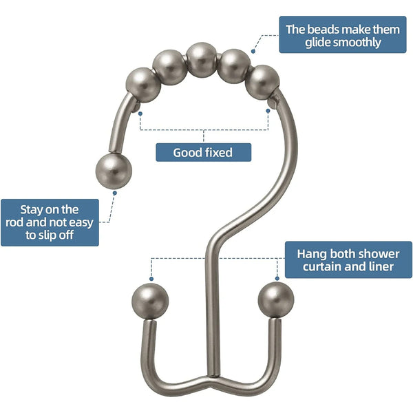 12 Piece Set - Brushed Nickel Heavy Duty Double Ear Shower Curtain Hooks Rings Rustproof Metal