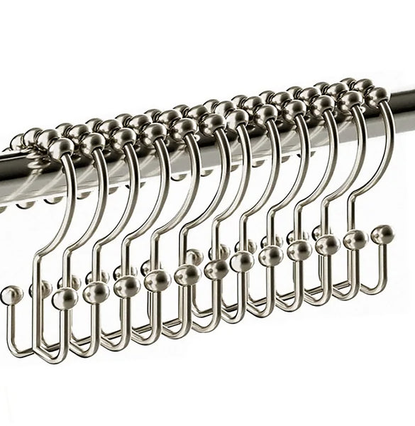 12 Piece Set - Brushed Nickel Heavy Duty Double Ear Shower Curtain Hooks Rings Rustproof Metal