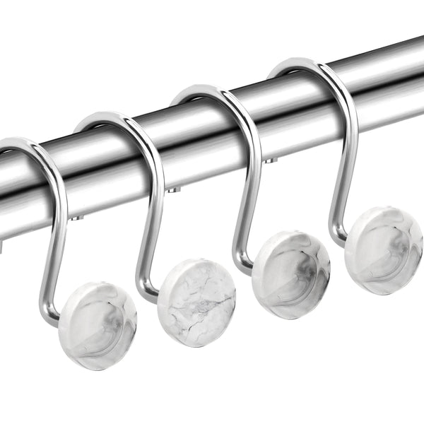 12 Piece Set - Chrome White Heavy Duty Shower Curtain Hooks Rings Rustproof Metal