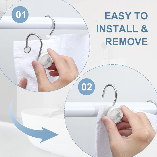 12 Piece Set - Chrome White Heavy Duty Shower Curtain Hooks Rings Rustproof Metal