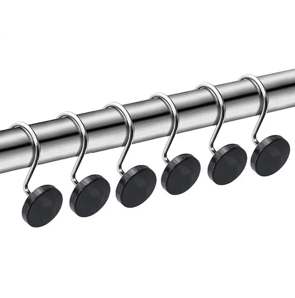 12 Piece Set - Chrome Black Heavy Duty Shower Curtain Hooks Rings Rustproof Metal