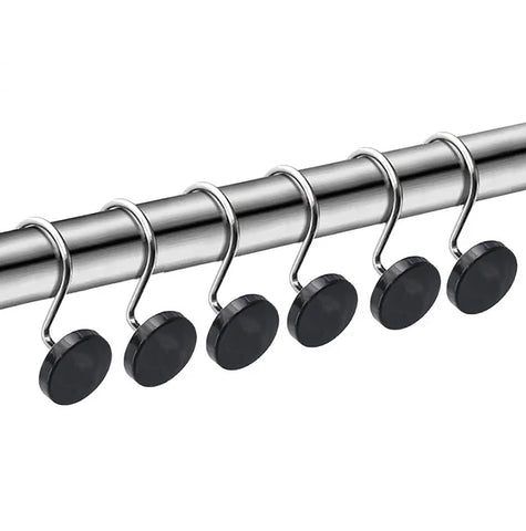 12 Piece Set - Chrome Black Heavy Duty Shower Curtain Hooks Rings Rustproof Metal