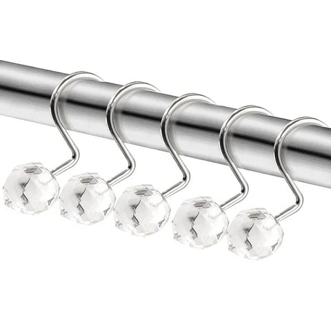 12 Piece Set - Clear Sphere Shower Curtain Hooks Rings Rustproof