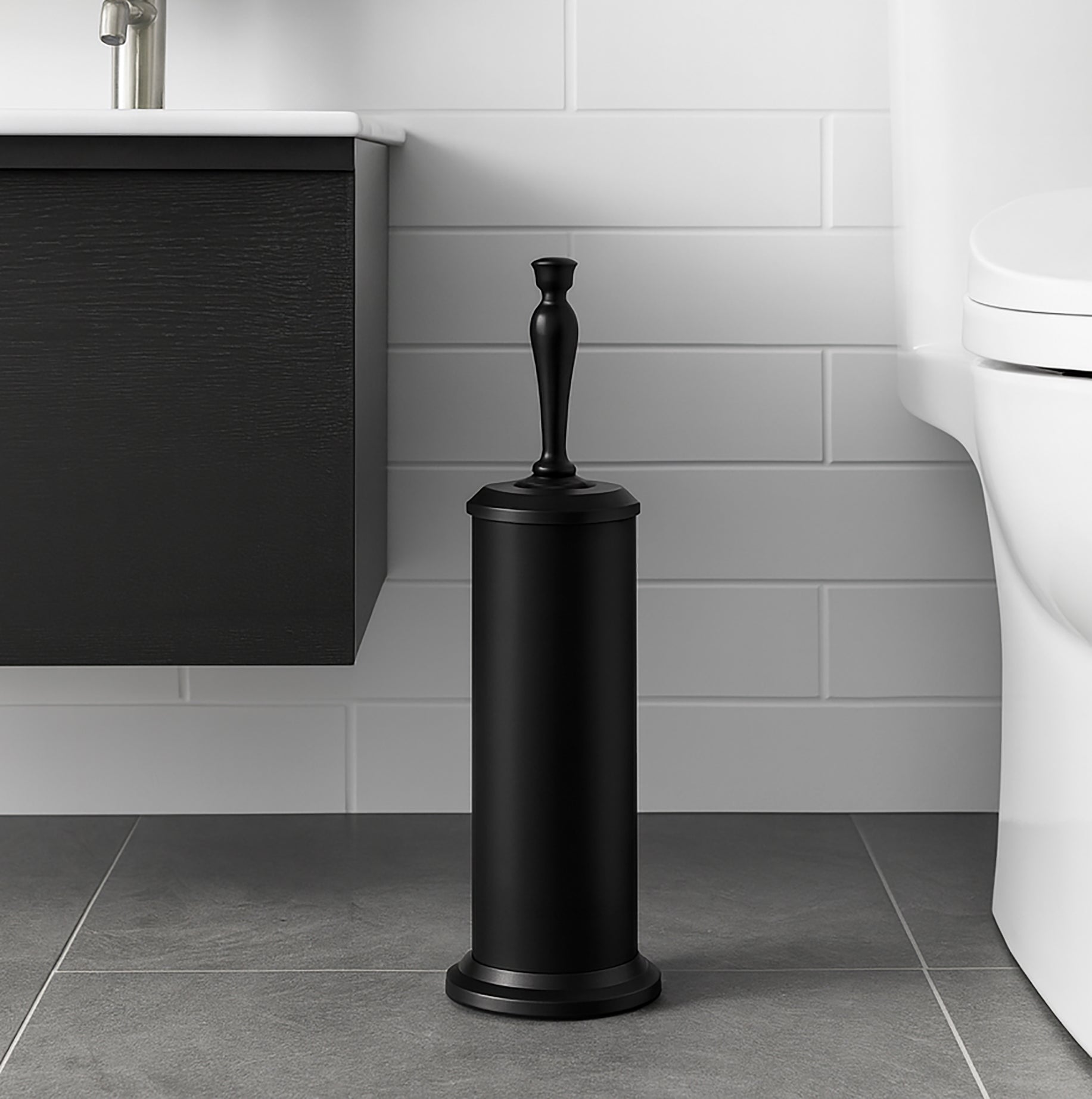 16" Tall Black Toilet Brush Set with Holder