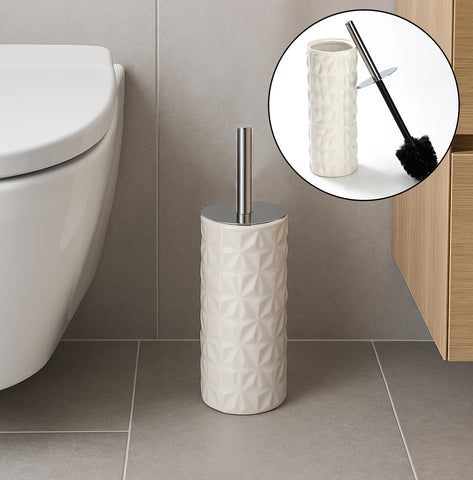 15" Tall Embossed Textured Beige Cream Ceramic Toilet Brush Set with Holder