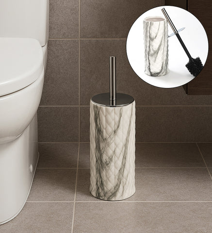 15" Tall Embossed Textured Beige Grey Ceramic Toilet Brush Set with Holder