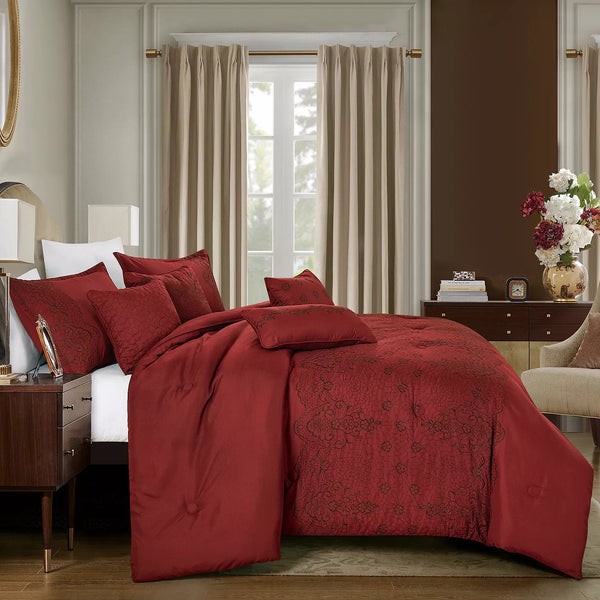 7 Piece Red Floral Modern Comforter Set Soft Bedding