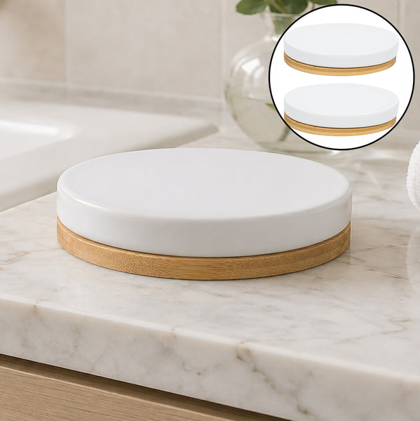 White Beige Bamboo & Ceramic Soap Bar Dish Holder - 2 Pack