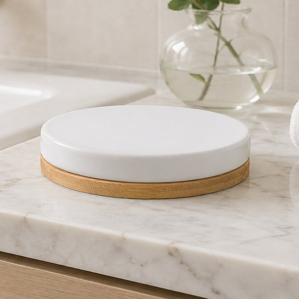 White Beige Bamboo & Ceramic Soap Bar Dish Holder - 2 Pack