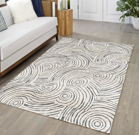 Beige Grey Swirls Soft Pile Boho Farmhouse Bohemian Minimal Large Area Rug