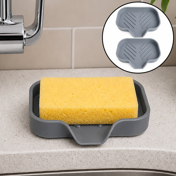 Set of 2 - Silicon Grey Sponge Holder Sink Bathroom Organizer Mat With Drain Spout
