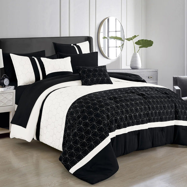 Black White Geometric Modern 9 Piece Bed-in-a-bag Comforter Set