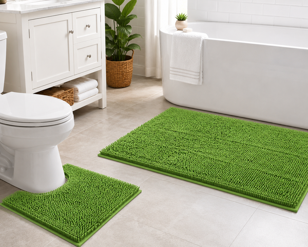Extra Large 2 Piece Set Green Soft Cozy Plush Chenille Bath Mat Bathroom Rug