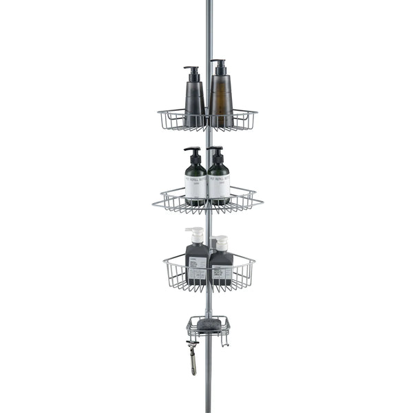 4-Tier Satin Grey Corner Tension Pole Shower Caddy