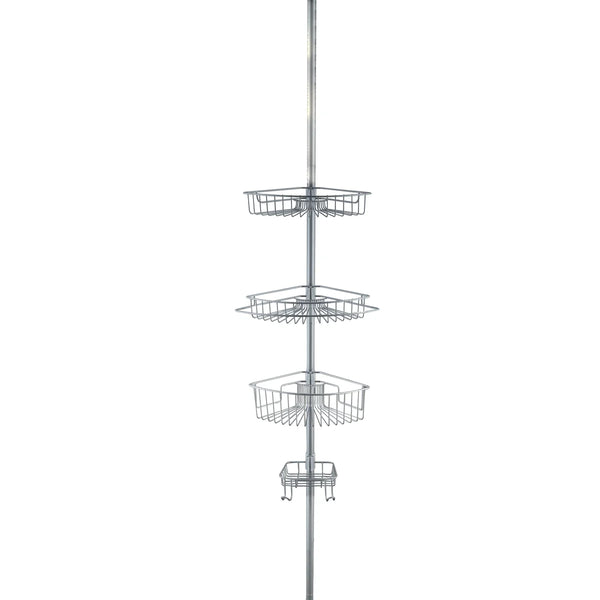 4-Tier Satin Grey Corner Tension Pole Shower Caddy
