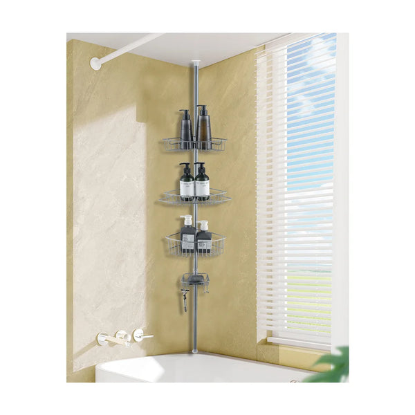 4-Tier Satin Grey Corner Tension Pole Shower Caddy