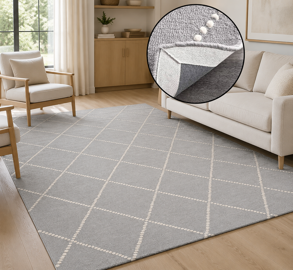 7'6" x 9'6" Wool Area Rug – Gray and Ivory Geometric Grid Pattern, Textured Contemporary Indoor Rug for Living Room, Bedroom or Dining Room
