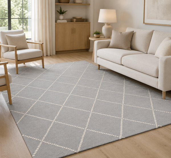 7'6" x 9'6" Wool Area Rug – Gray and Ivory Geometric Grid Pattern, Textured Contemporary Indoor Rug for Living Room, Bedroom or Dining Room