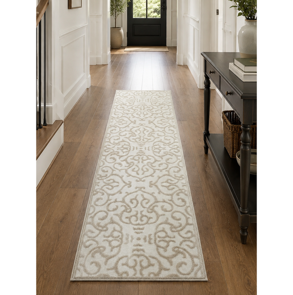 Ivory Beige Traditional Medallion Hallway Runner Rug - 3' x 9'10"