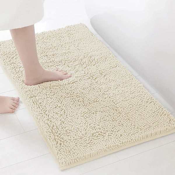 2 Piece Set Cream Soft Cozy Plush Chenille Bath Mat Bathroom Rug