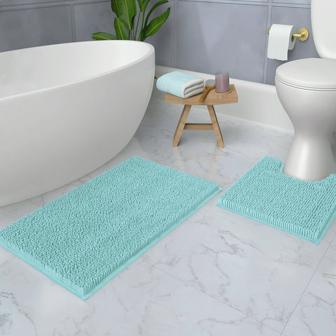 2 Piece Set Spa Blue Soft Cozy Plush Chenille Bath Mat Bathroom Rug