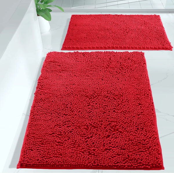 Large 2 Piece Set Red Soft Cozy Plush Chenille Bath Mat Bathroom Rug