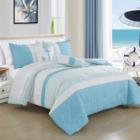 9 Piece Comforter Set Blue White Striped Sea Life Marine Modern Embroidery Soft Bedding